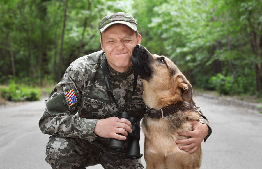Man In Military Uniform With German Shepherd Dog, Outdoors